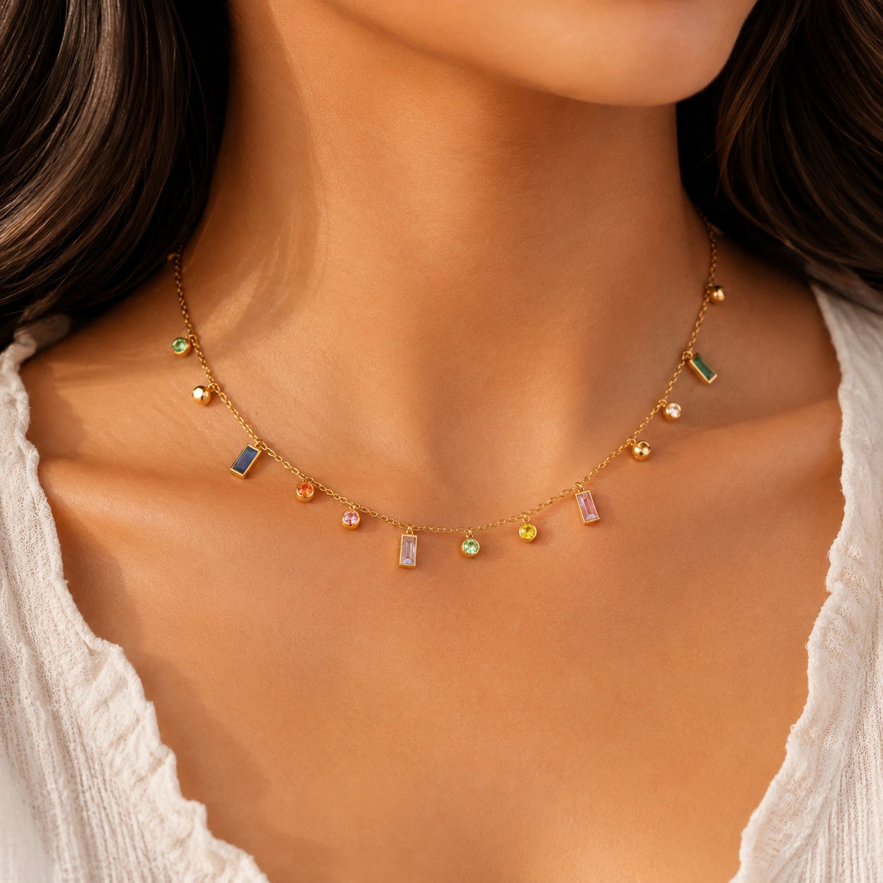 Serelle Gemstone Charm Necklace – 18K Gold Plated