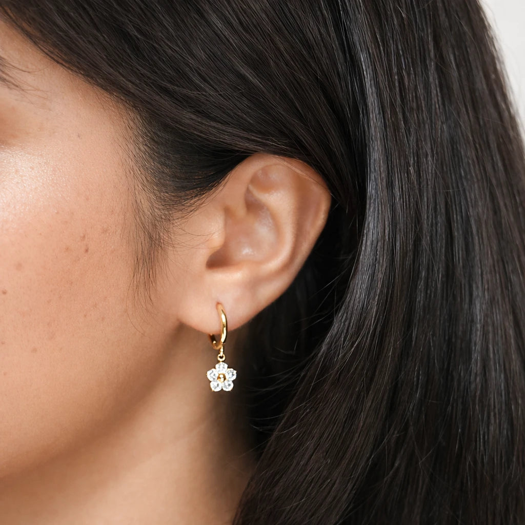 Luna - 18K Gold Plated Zirconia Flower Huggies