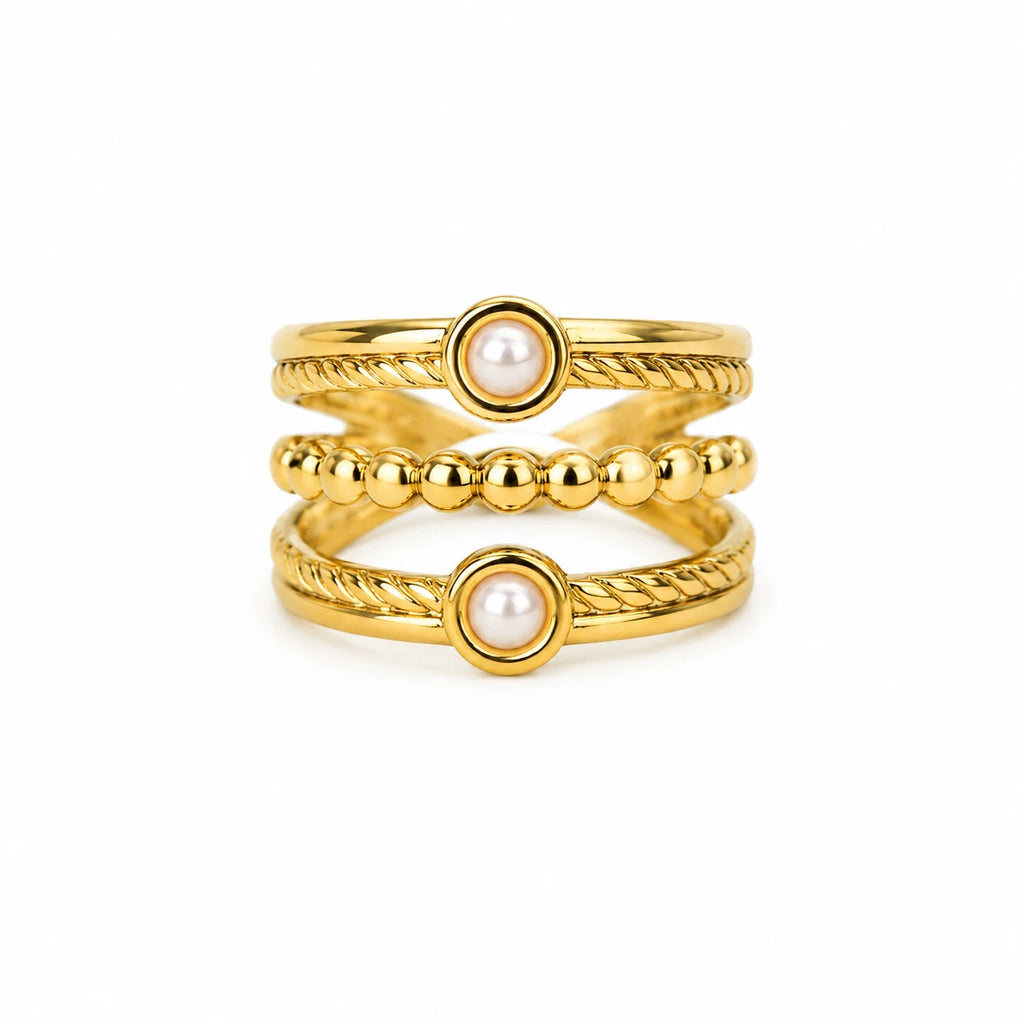 Aveline Layered Adjustable Pearl Ring – 18K Gold Plated