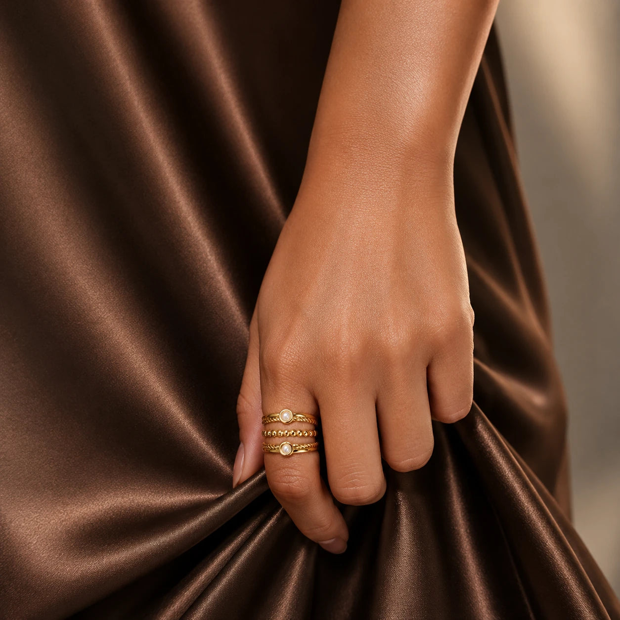 Aveline Layered Adjustable Pearl Ring – 18K Gold Plated
