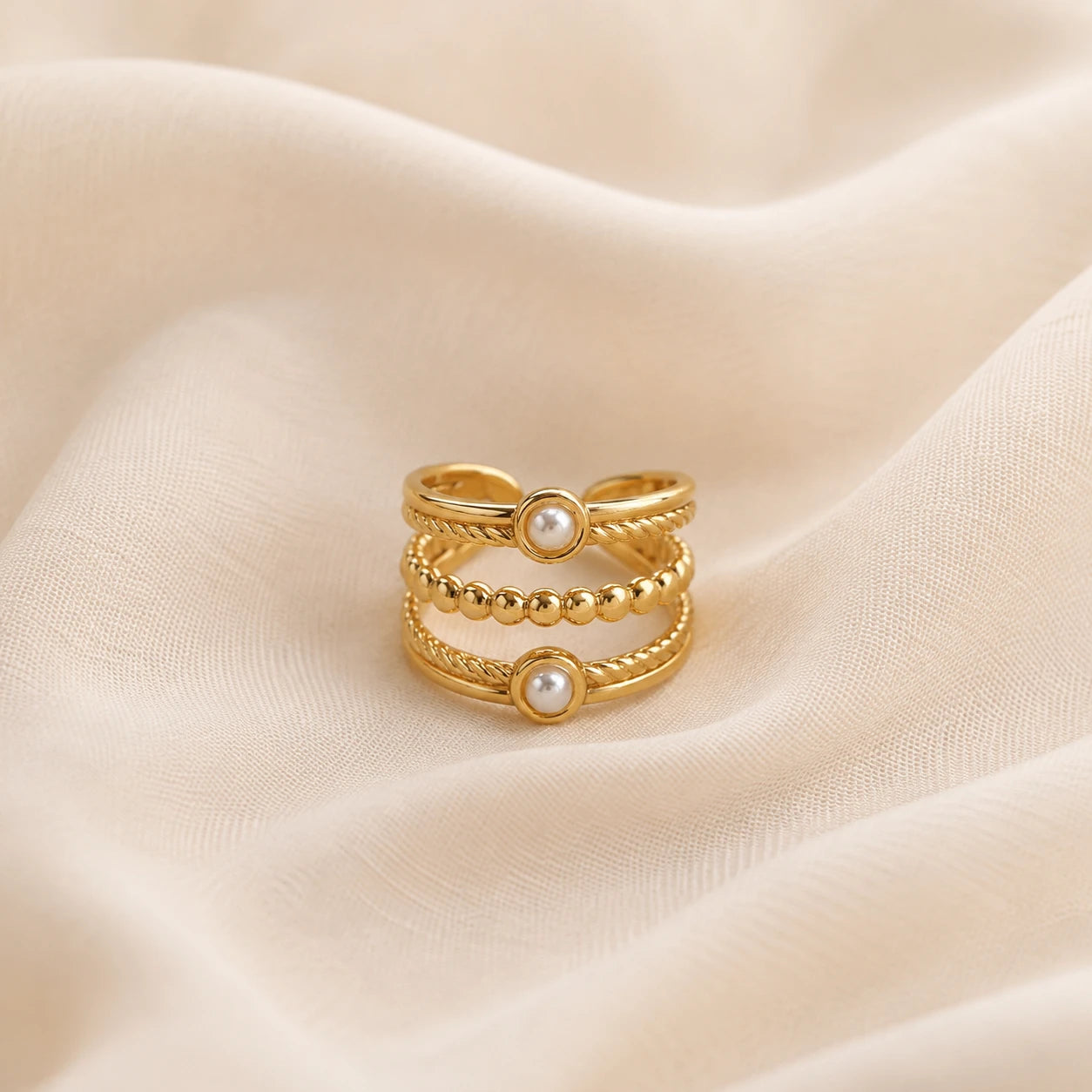 Aveline Layered Adjustable Pearl Ring – 18K Gold Plated