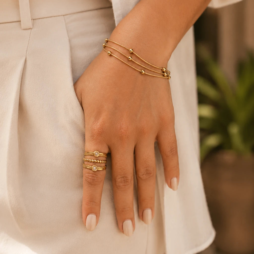 Aveline Layered Adjustable Pearl Ring – 18K Gold Plated